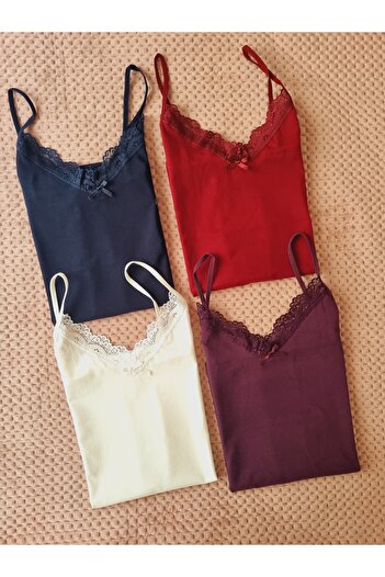 Demirsa Boutique Kadın 4'lü Paket Lacivert, Beyaz, Bordo, Mürdüm Renk Dantelli Pamuklu İp Askılı Atlet