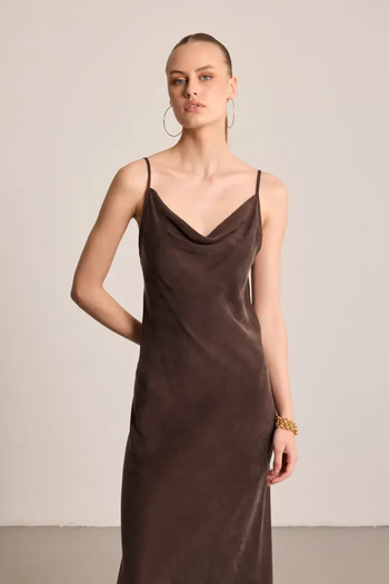 Gusto Thin Strap Lyocell Dress with Decorated Collar - Brown