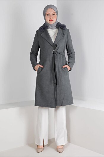Alvina Fur Detailed Belted Coat 90357