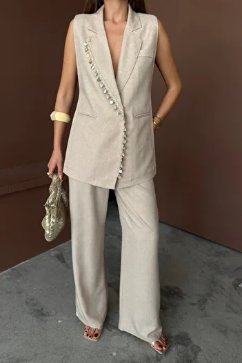 fh fashionhere Collar Clamshell Row Vest - Pants Suit Linen Fabric - Raw