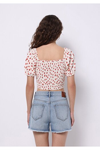 Colin's Slim Fit Square Neck Printed Women's Ecru Balloon Sleeve T-Shirt