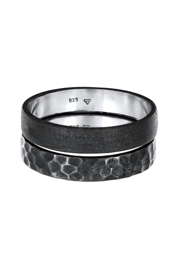 KUZZOI Ring Herren Band Set Basic Gehämmert in 925 Sterling Silber oxidiert