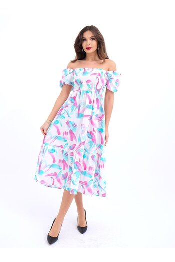 lovebox New Season Poplin Fabric Print Off-the-shoulder Short Sleeve Summer Dress Beach Dress 5525