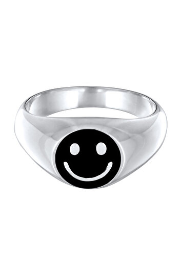 KUZZOI Ring Herren Siegelring mit lächelndem Gesicht und Emaille schwarz in 925 Sterling Silber