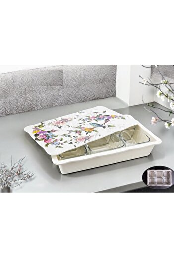 Pinkev 6-Piece Glass Breakfast Bowl Set with Melamine Tray - Bird Patterned