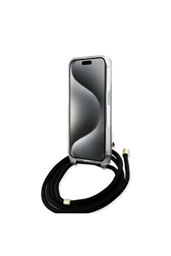 Guess Case for IPhone 15 with cord, Crossbody Cord 4G Print, - Black