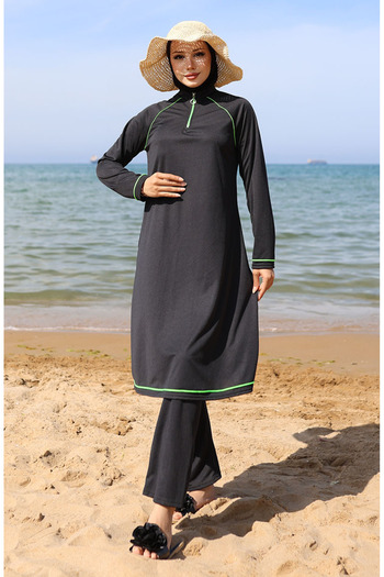 sefamerve Zippered Hijab Swimsuit 2504-01 Black Green