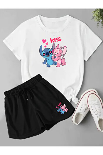 makiteks Set of 2 Solid Color Women Regular Shorts and Tshirt Tee Lilo Stitch Kiss