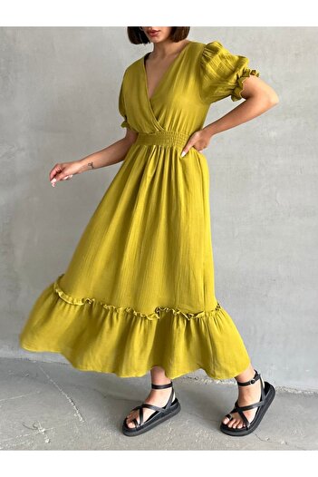 BEJNA Women's Oil Green Double Breasted Collar Gimped Muslin Dress