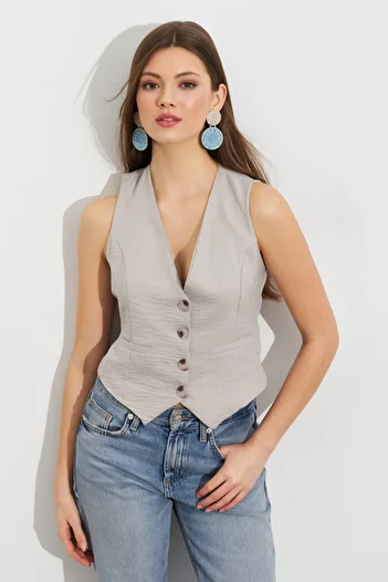 Cool & Sexy Women's Gray Linen Lined Vest Tw60046