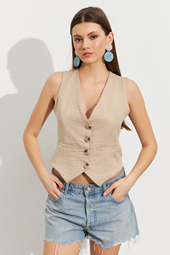 Cool & Sexy Women's Stone Linen Lined Vest Tw60046