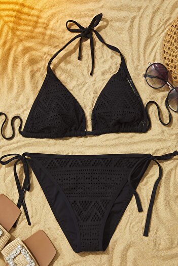 Trendyol Collection Black Triangle Tied Textured Regular Bikini Set TBESS24BT00024