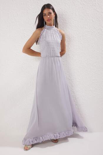 Trendyol Collection Γκρι Πέτρα Επεξεργασία Λεπτομερείς Φούστες Flounced Υφαντά Maxi Βραδινά Φορέματα & Φόρεμα Αποφοίτησης TPRSS25EL00295