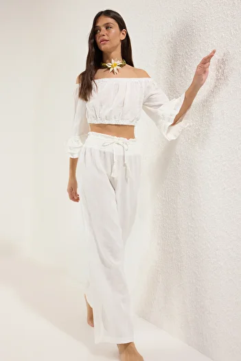 Trendyol Collection Beach Wear Ecru Woven 100% Cotton Carmen Collar Blouse Pants Suit Tbess25Au00107