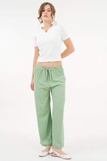 Saade Mint Patterned Elastic Waist Tie Detailed Woven Viscose Palazzo