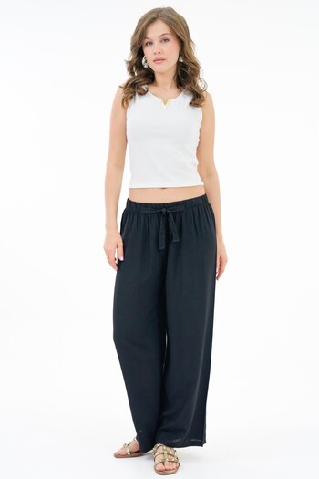 Saade Black Patterned Elastic Waist Binding Detailed Woven Viscose Palazzo