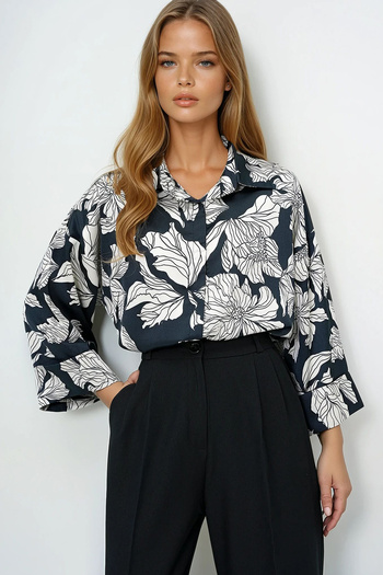 VAGGON Women's Ecru-Black Digital Printed Oversize Double Sleeve Premium Woven Shirt Prmx13953