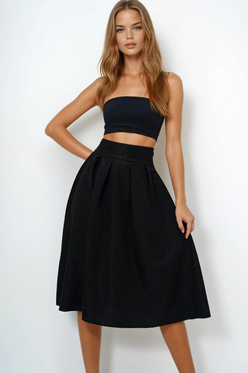 VAGGON Women's Black High Waist Wide Belt Hidden Zipper Midi Length Textured Lined Skirt Prmx13473