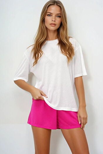 VAGGON Women's Fuchsia Cotton Basic T-Shirt and Tie-Up Shorts Combed Cotton Bottom Top Set Pjmx13904