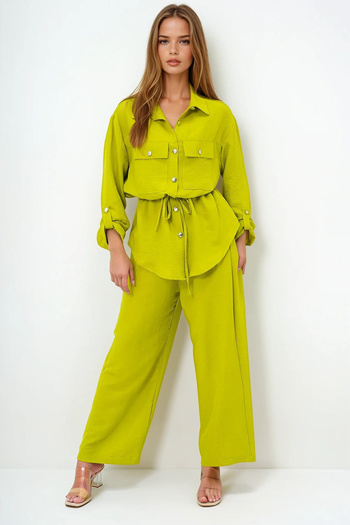 VAGGON Women's Oil Green Double Pocket Safari Jacket and Elastic Waist Wide Leg Aerobin Trousers Suit Ymx8448