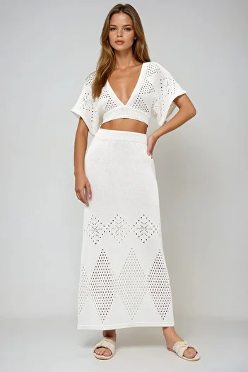 VAGGON Women's Ecru Deep V-Neck Ethnic Pattern Hole Openwork Knitwear Crop Blouse and Skirt Set Prmx14001