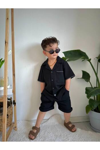 Ladin Store Erkek Çocuk Müslin Siyah Renk Gömlek ve Şortlu Alt-Üst Takım