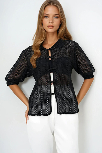 VAGGON Women's Black Baby Collar Princess Sleeve Knot Closure Summer Shirt Prmx13418