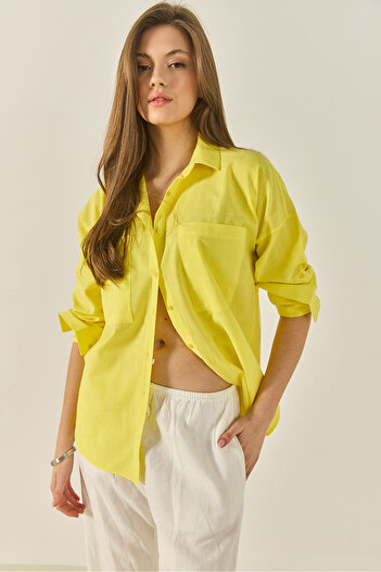 Bianco Lucci Women's Double Pocket Oversize Linen Shirt