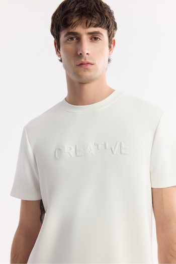 Avva Men's Regular Fit Ecru Crew Neck Printed Bi-Stretch Interlock T-Shirt A51Y1131