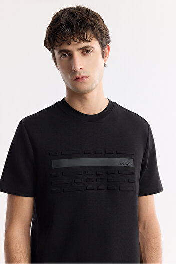 Avva Men's Regular Fit Black Crew Neck Printed Bi-Stretch Interlock T-Shirt A51Y1002