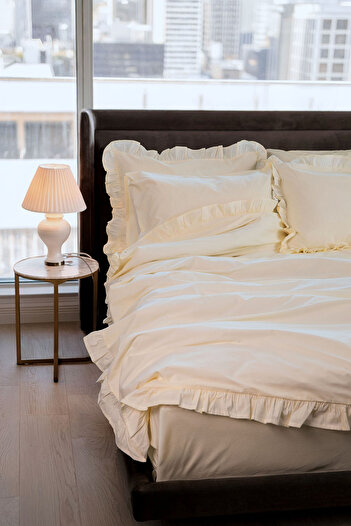 FAVORA Naturis Premium 100% Cotton Ruffled Double Duvet Cover Set - Cream
