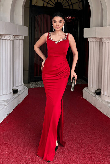 giyimmasalı Jersey Fabric Stone Detailed Evening Dress - Red