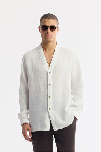 Avva Men's Comfort Fit White V-Neck 100% Linen Shirt A51Y2105
