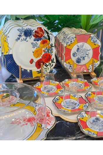 Onedekor 28 Piece Osevio Gold Gilded Cake Tea Service Catering Set for 6 People