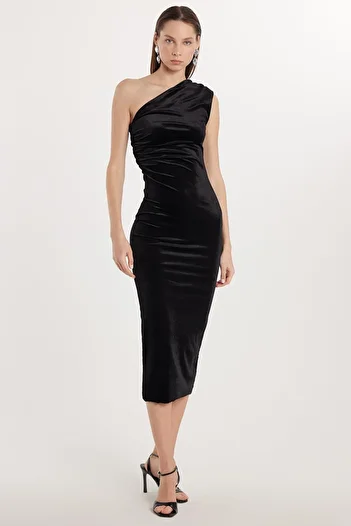 Tudors Rochie neagră de lungime midi, slim fit, cu un singur umăr