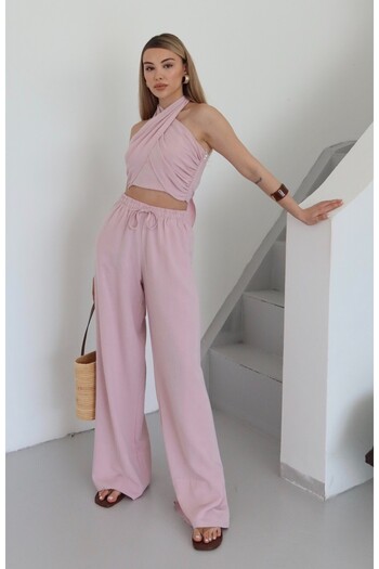 Laluvia Pink Halterneck Bustier Trouser Suit - 30352