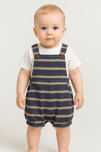 Bubito Striped Tshirt Detailed Snap Fastener Cotton Summer Baby Slopet Suit-Blue