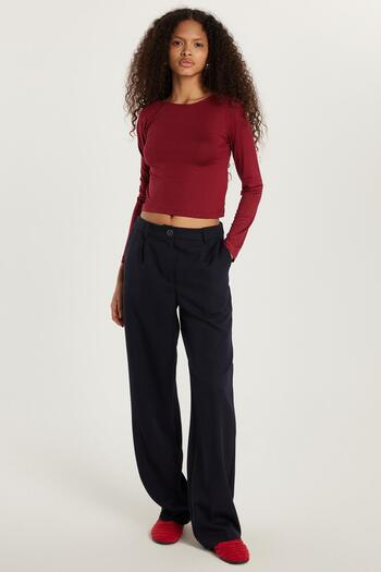 Tudors Women's Relax Fit Relaxed Cut Wide Leg Navy Blue Trousers with Pockets