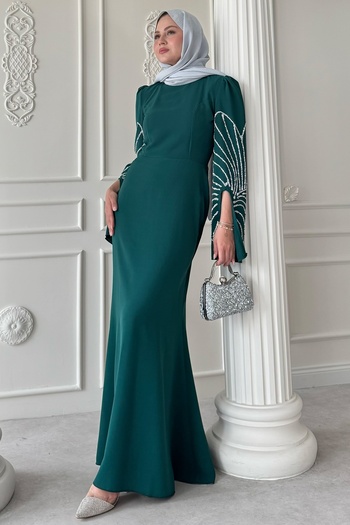 InStyle Cut Sleeve Detail Stoned Emerald Green Evening Dress