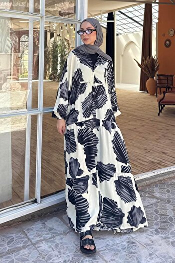 lamelif Κρέμα φόρεμα Hijab με έθνικ μοτίβο με νυχτερίδα