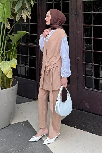 lamelif Lacing Detailed Vest-Pants Hijab Suit Milk Coffee