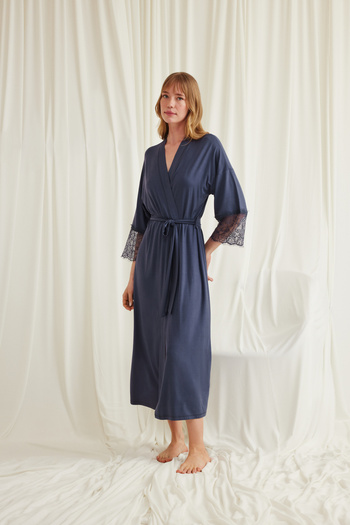 BLACKMORE Monamise Women's Navy Blue Full Length Design Lace and Belted Cotton Dressing Gown
