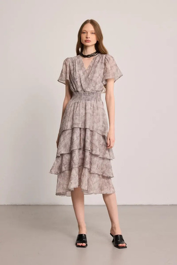 Gusto Wrap Cut Layered Long Dress - Gray