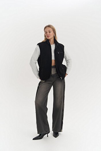 MAİ COLLECTİON Alberg Black Loose Teddy Vest