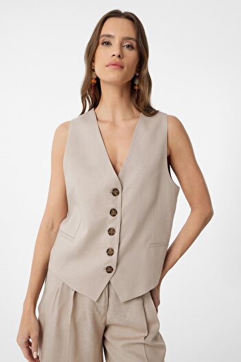 Antioch Beige Linen Blended Women's Tailor Vest