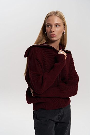 MAİ COLLECTİON Rafi Burgundy Zippered Knitwear Cardigan