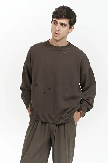 MAİ COLLECTİON Alec Ribbed Ripped Detail Brown Men's Knitwear Sweater