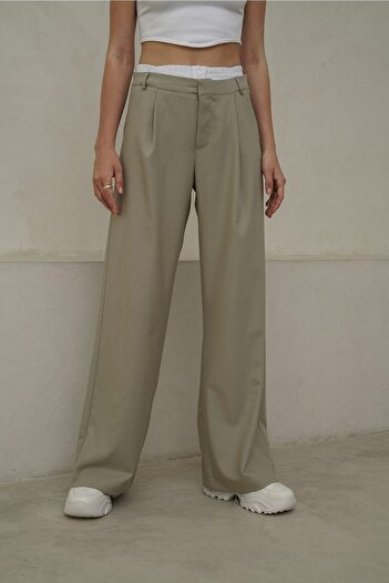 MAİ COLLECTİON Poppy Boxer Detail Olive Green Palazzo Trousers