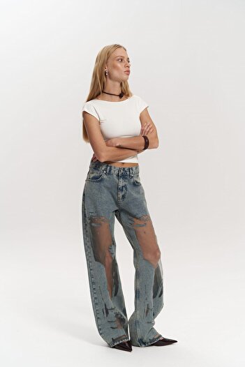 MAİ COLLECTİON Trixie Blue Transparent Jean Trousers