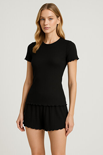 HNX Black Cotton Corduroy Short Sleeve T-Shirt and Shorts Women's Pajama Set